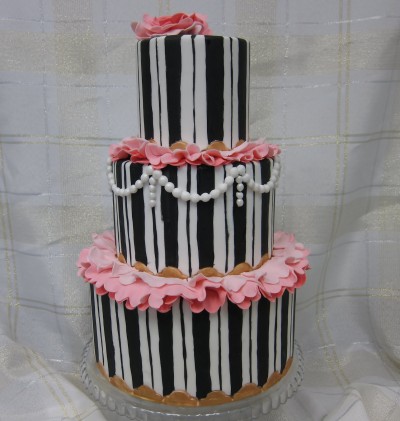 beautiful chic fondant cake black and white stripes pink