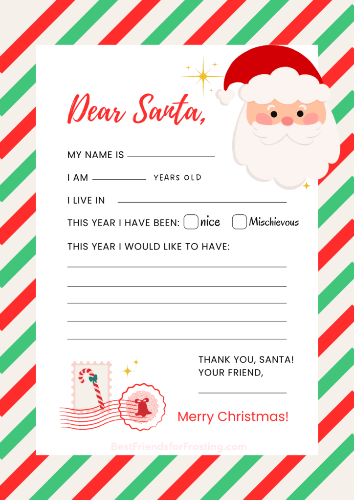 A colorful Christmas-themed letter to Santa template with red and green stripes. It includes blank spaces for a childs name, age, city, and gift wishes. There are checkboxes for nice and mischievous, and festive illustrations of Santa and stamps.
