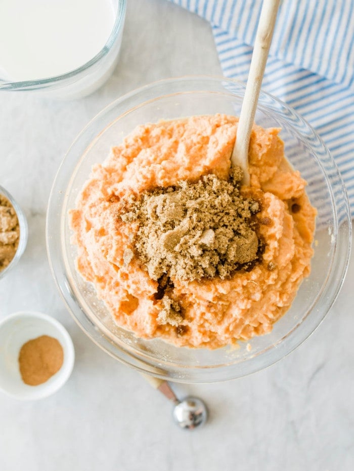 brown sugar mixed with sweet potato for sweet potato casserole.