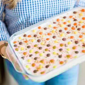 Person in blue checkered shirt holding a glass baking dish filled with a dessert topped with colorful chocolate candies and sprinkled spices.