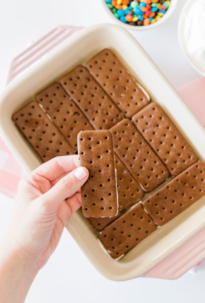 Adding ice cream sandwich to pan