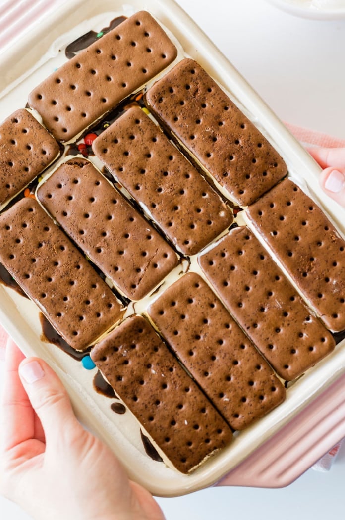 Ice cream sandwiches layered in a pan