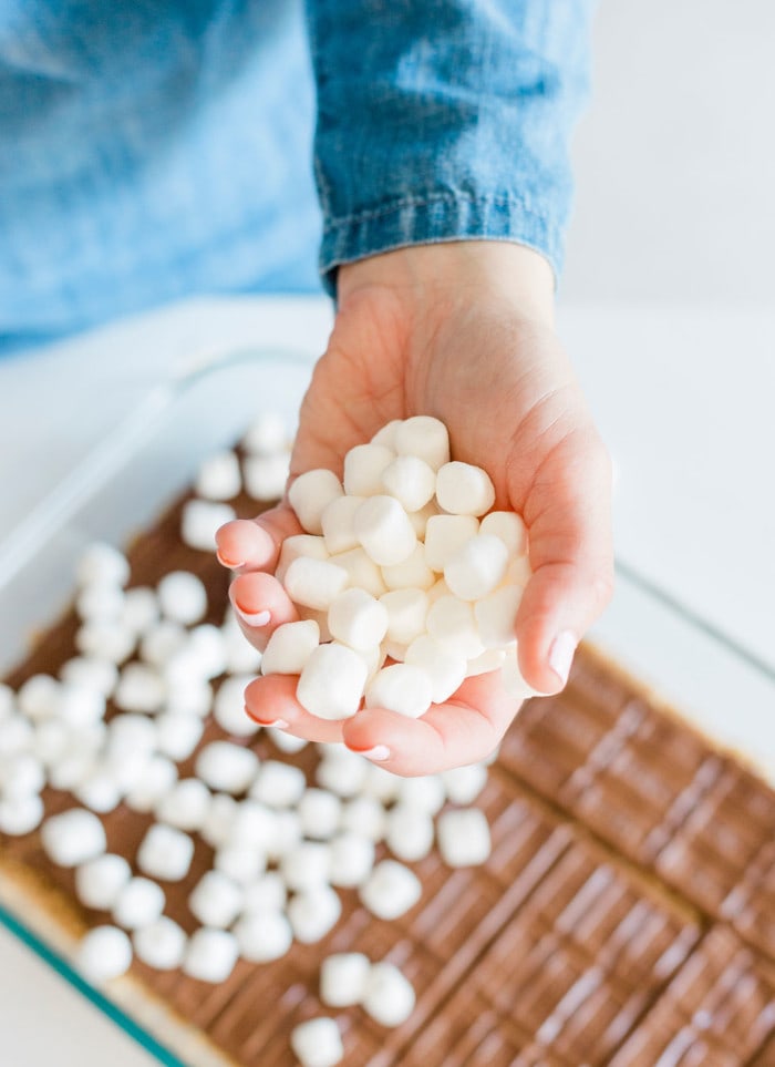 marshmallows for smores bars on top of chocolates.