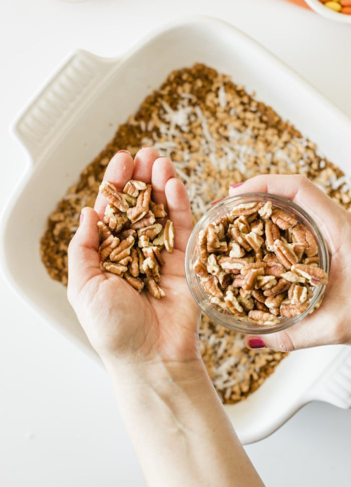 Close up look of pecans for pumpkin magic bars.