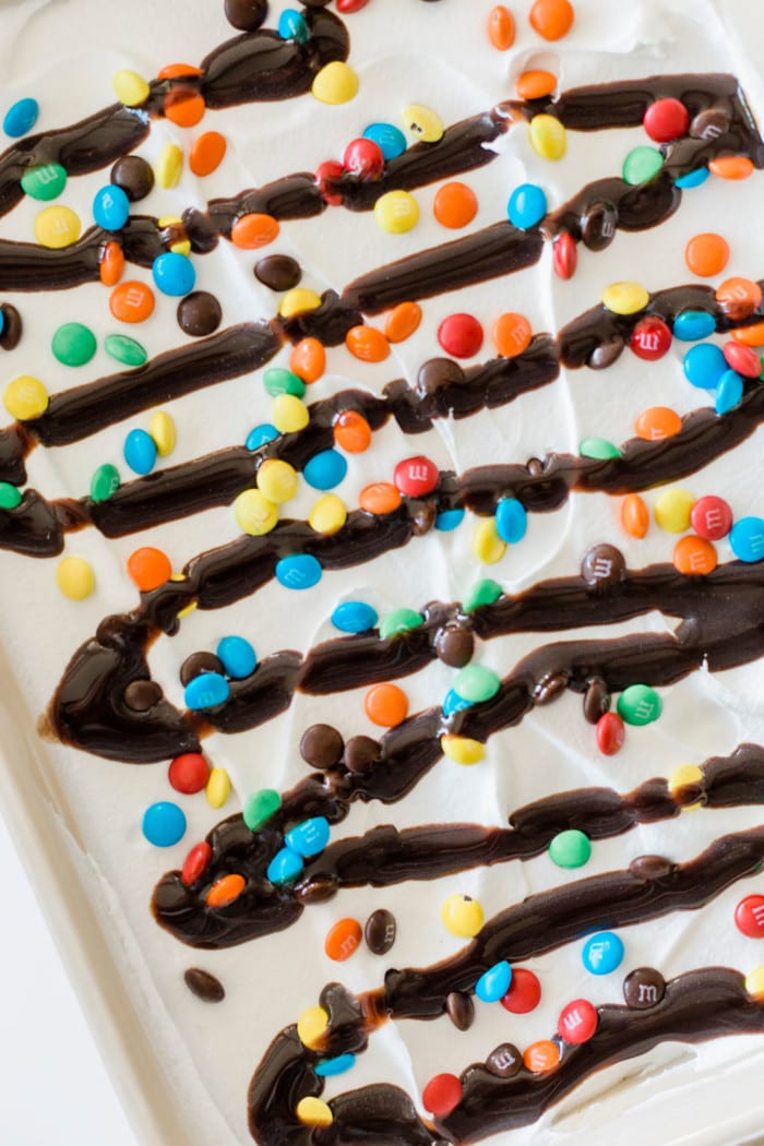 Chocolate drizzle on ice cream sandwich dessert
