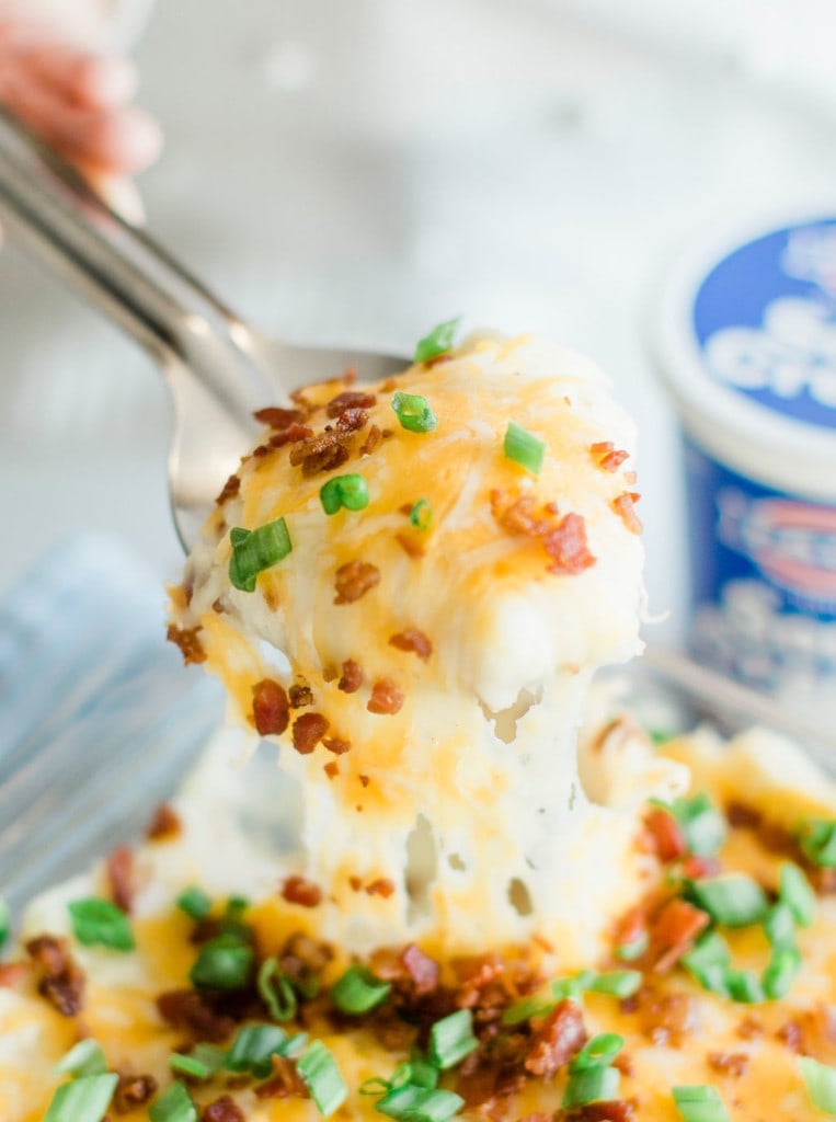 Close up look of Loaded Mashed Potato Casserole.
