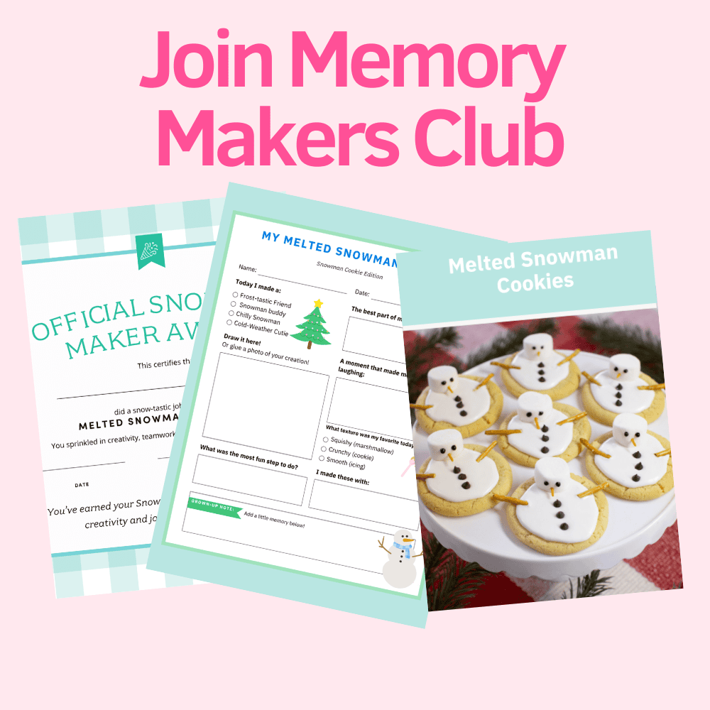 Three colorful printables overlap next to a plate of decorated melted snowman cookies. Bold pink text above reads, “Join Memory Makers Club” on a pale pink background.