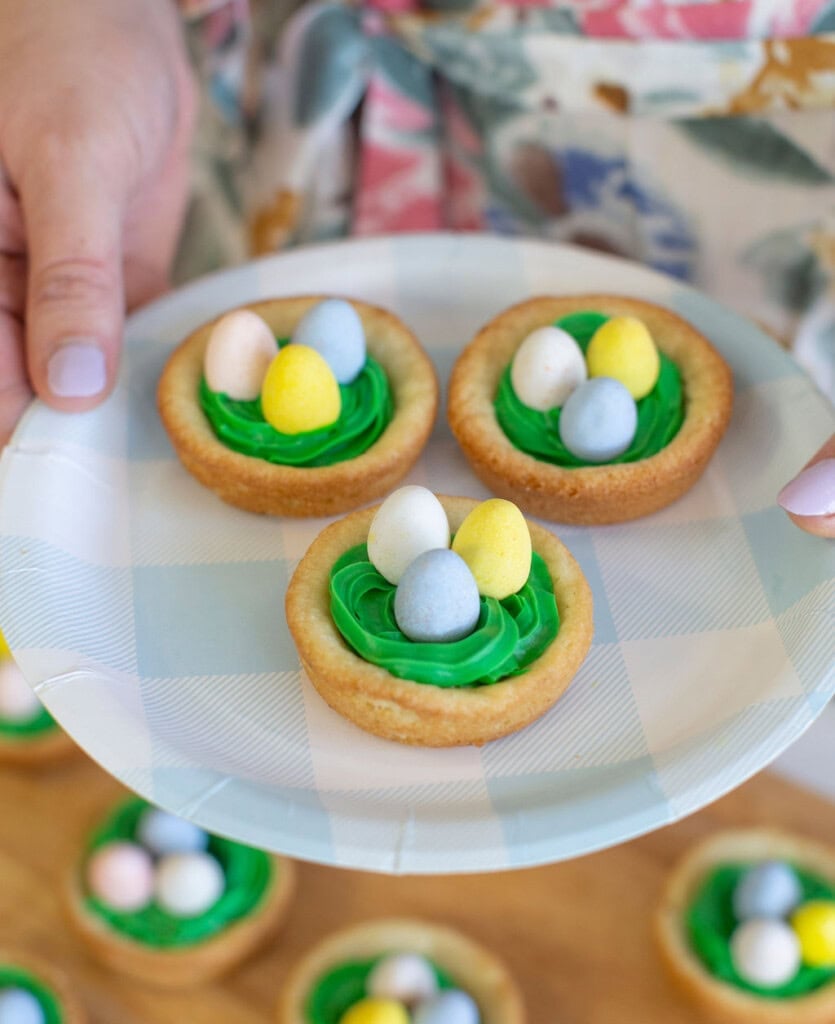 Easter birds nest cookie cups, on a plate.