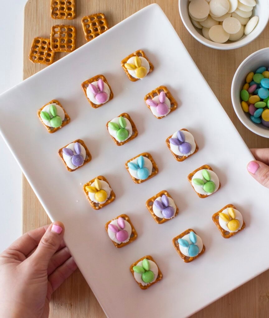 easter bunny pretzel bites on baking tray