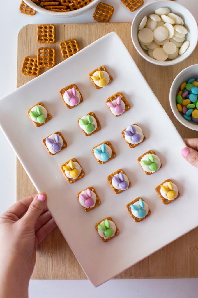 Completed Easter Bunny Pretzel Bites on baking tray