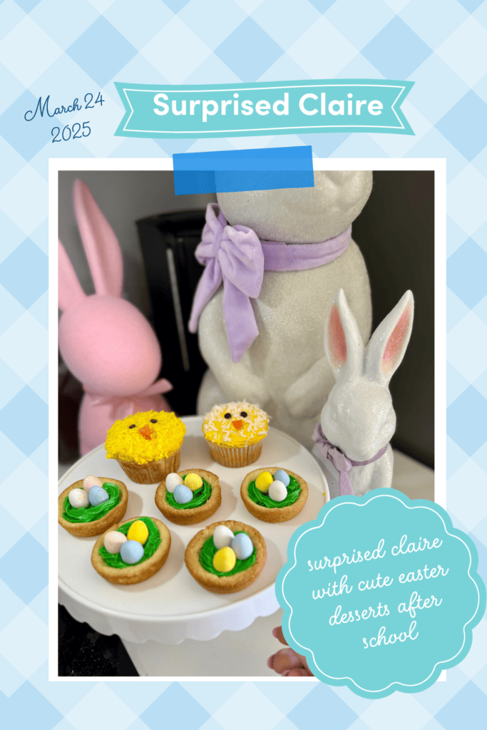 cake stand with easter chick cupcakes and easter cookie cups