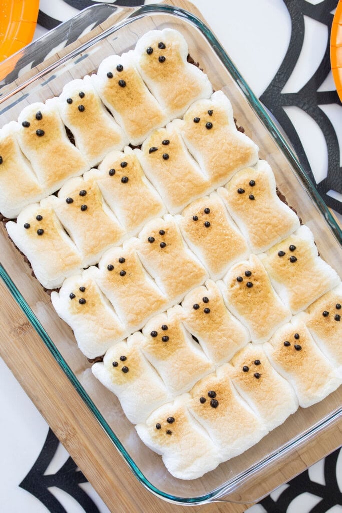 Halloween s'mores dip. Browned Peeps marshmallow ghosts over melted chocolate chips.