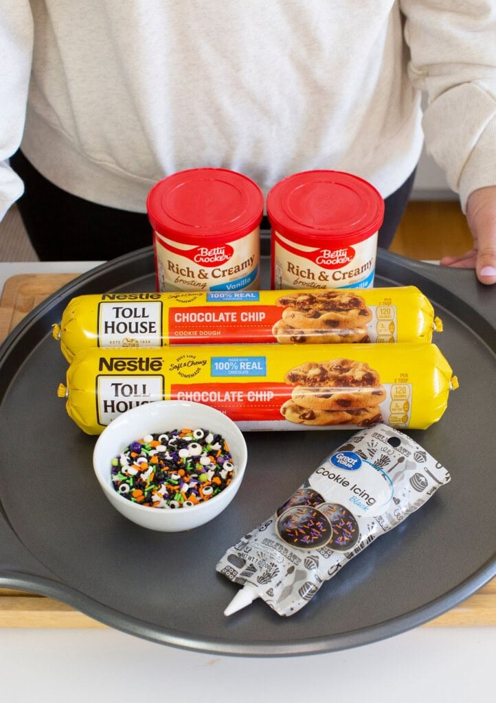 All ingredients to make giant spider cookie.  
