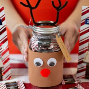 Two hands holding Reindeer candy jar.