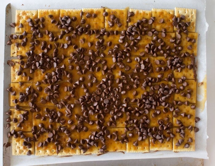 A baking tray filled with crackers topped with a layer of caramel and sprinkled with chocolate chips.