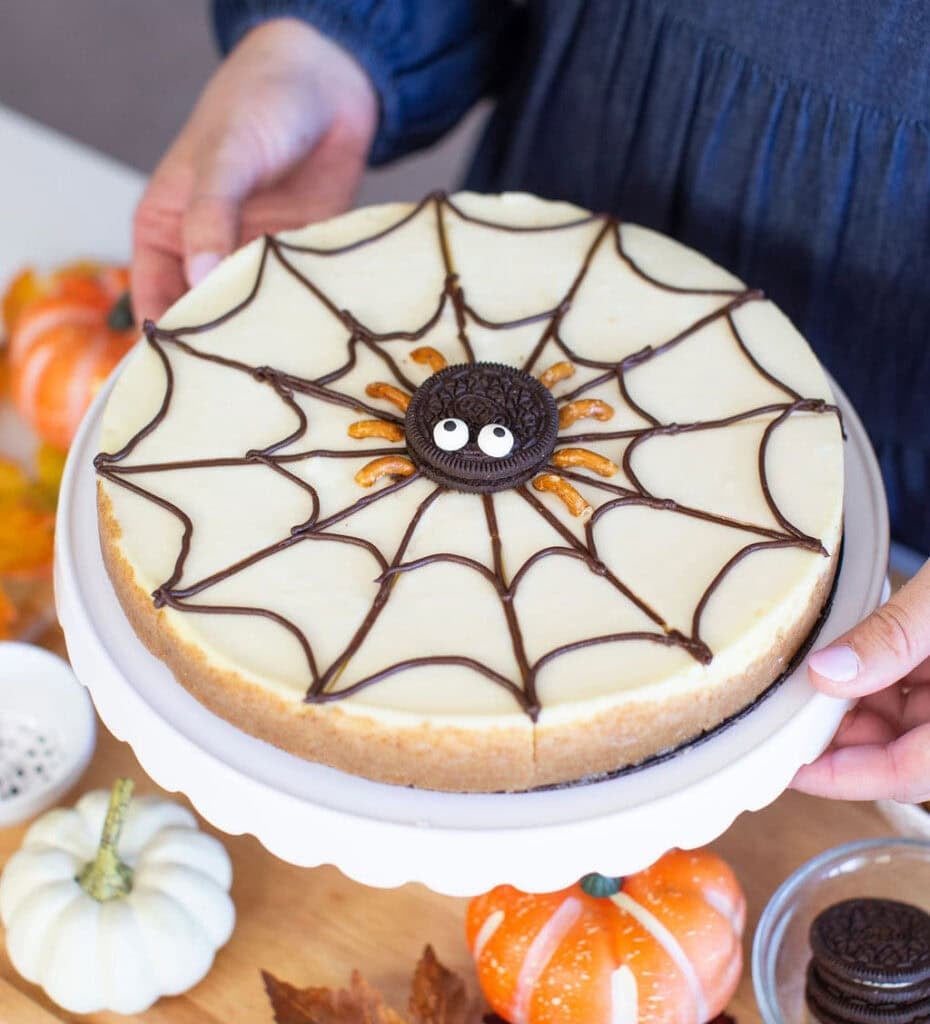 A person holds a cheesecake decorated with a chocolate spider web design. An Oreo cookie with candy eyes forms a spider at the center. Small pumpkins and autumn leaves are visible in the background.