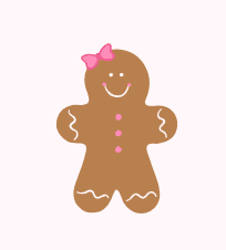 A smiling gingerbread person with a pink bow on its head, pink buttons, and white icing decorations on its arms, legs, and face, set against a light background.