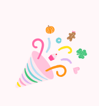 Illustration of a colorful party popper with streamers and festive icons like a pumpkin, gingerbread cookie, cupcake, four-leaf clover, and pink heart bursting out.