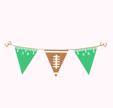 Three triangular pennants hang on a string: the center one is brown with football stitching, and the two green ones on either side resemble football field yard markers with numbers 30 and 40.