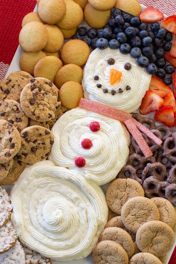 A festive dessert platter features a snowman made of swirled white frosting, decorated with blueberries, strawberries, candy, and surrounded by various cookies and chocolate-covered pretzels.