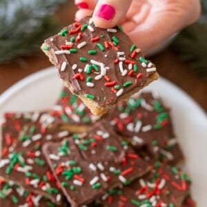 A hand with pink nail polish holds a chocolate-covered cracker topped with red, green, and white sprinkles over a plate of similar treats. Pine branches are blurred in the background.