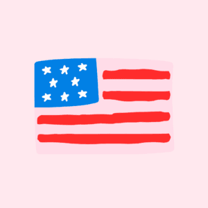 A simple, hand-drawn illustration of the American flag with a blue rectangle and white stars in the top left corner and red stripes on a pink background.