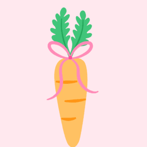 Simple illustration of an orange carrot with green leaves, tied near the top with a pink ribbon, on a light pink background.