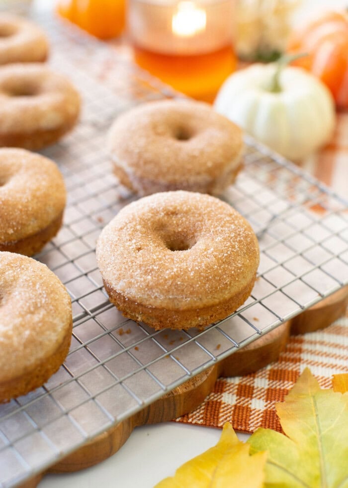 Pumpkin spice donuts coated in cinnamon sugar rest on a cooling rack, with small pumpkins, a lit candle, and autumn leaves in the background.