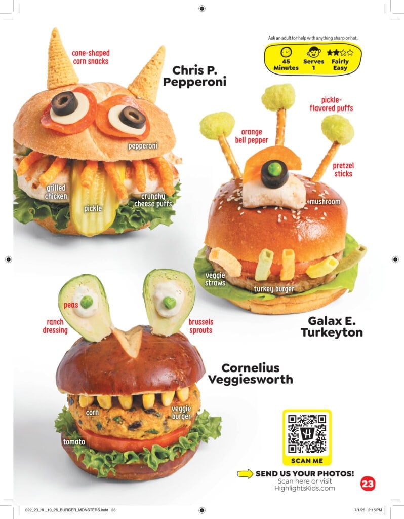Three monster-themed burgers labeled Chris P. Pepperoni, Galax E. Turkeyton, and Cornelius Veggiesworth, with text bubbles identifying the food items used to create their features.