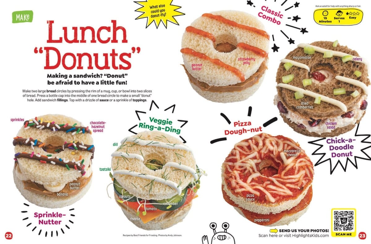 Recipe page for Lunch Donuts featuring instructions and four variations: a peanut butter and jelly donut, a chicken salad donut, a chocolate-hazelnut and banana donut, and a pizza-style donut.