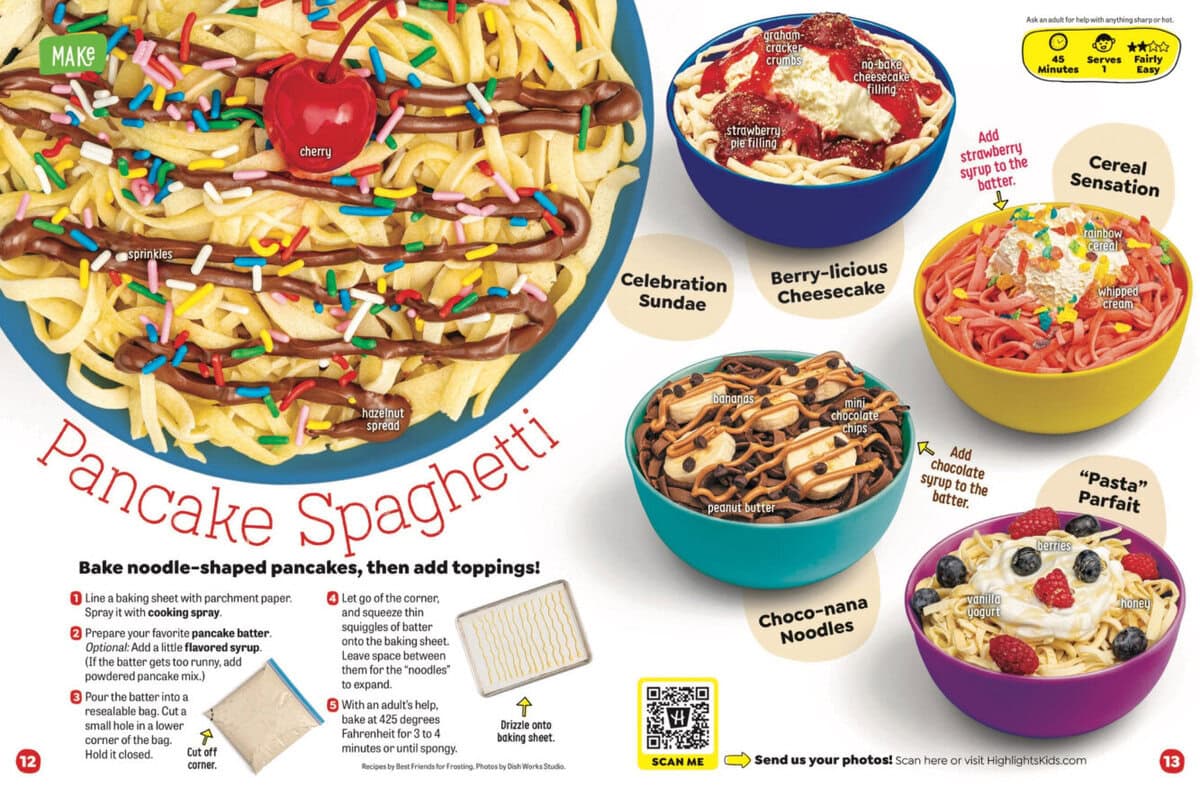 A page titled Pancake Spaghetti features a large image of pancake noodles topped with chocolate drizzle, sprinkles, and a cherry, alongside four smaller bowls of themed pancake variations and numbered recipe instructions.