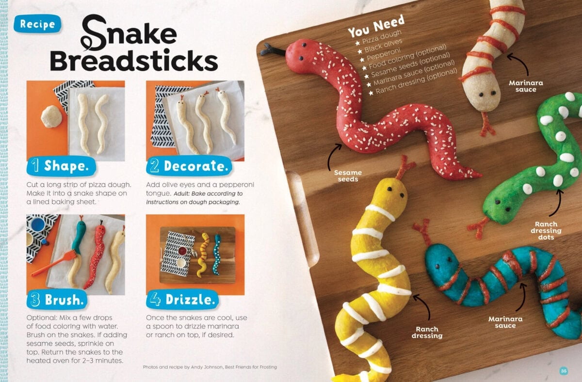 Recipe for snake-shaped breadsticks, featuring step-by-step instructions for shaping, decorating, brushing, and drizzling colorful dough snakes with marinara and ranch dressing.