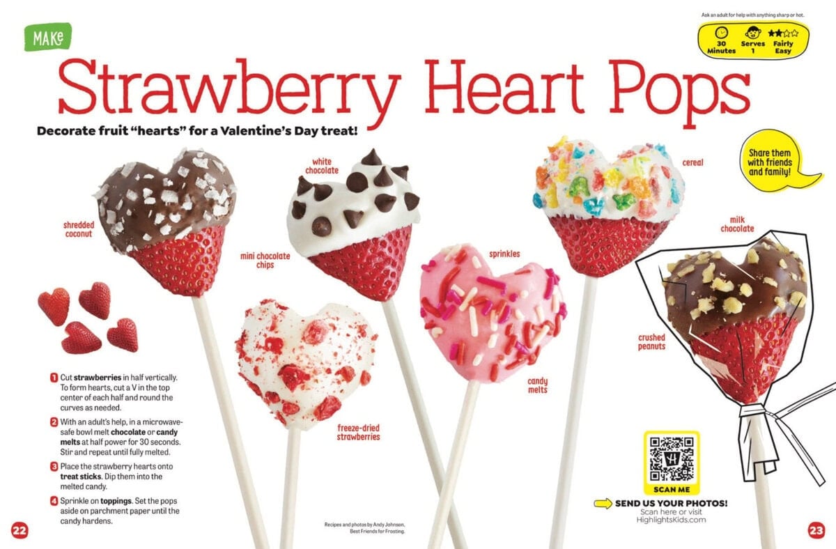 A recipe page for Strawberry Heart Pops featuring five strawberries on sticks dipped in chocolate and decorated with shredded coconut, chocolate chips, freeze-dried strawberries, sprinkles, and crushed peanuts.