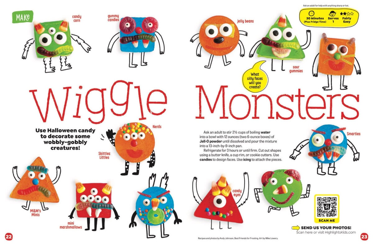 Instructional page titled Wiggle Monsters showing how to make cartoon monster shapes out of gelatin decorated with various candies like gummy bears, M&Ms, jelly beans, and nerds.